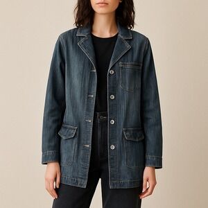 Vintage Railroad Stripe Longline Denim Chore Blazer Workwear Jacket Womens L Y2K